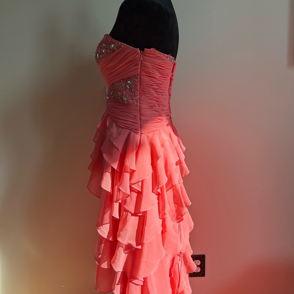 Chic Coral Ruffled Prom Dress - Picture 3 of 11